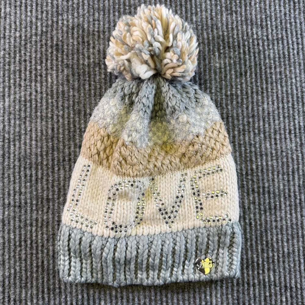 Betsey Johnson Love Beanie Womens Rhinestone Pom Pom Knit Hat One Size